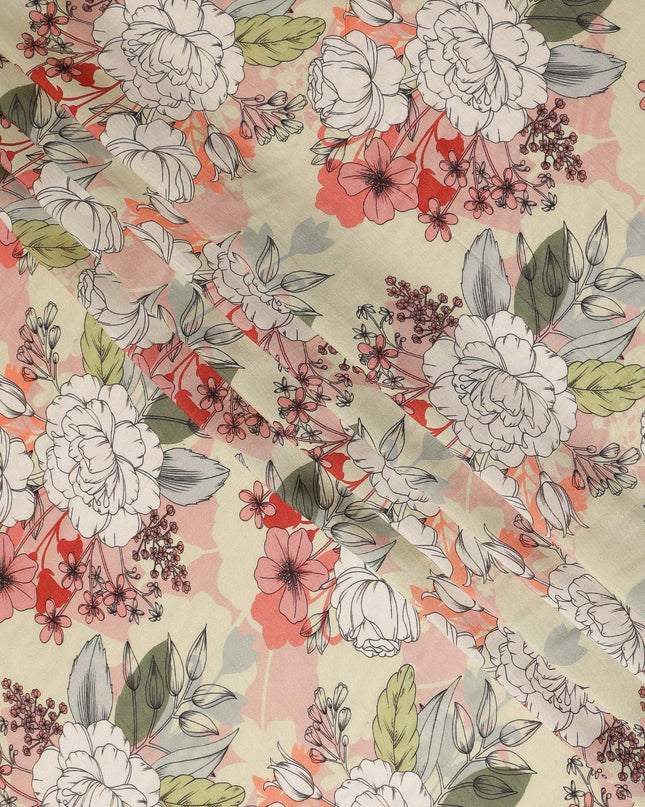 Cream Peach Floral Line Art Printed Viscose Crepe Fabric 110 Cms Width Made in India-D27572