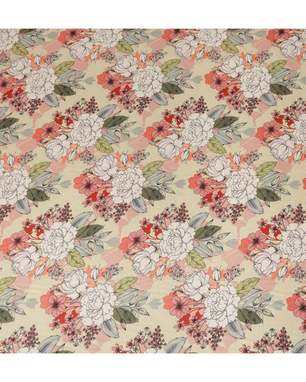 Cream Peach Floral Line Art Printed Viscose Crepe Fabric 110 Cms Width Made in India-D27572
