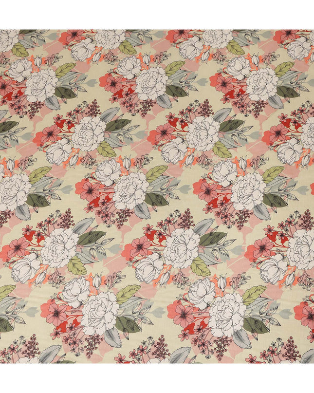 Cream Peach Floral Line Art Printed Viscose Crepe Fabric 110 Cms Width Made in India-D27572
