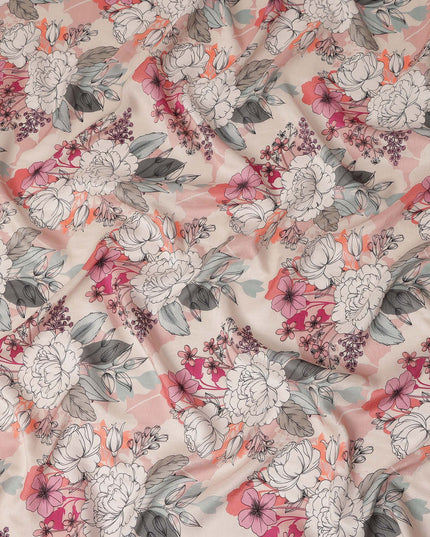 Cream Pink Floral Line Art Printed Viscose Crepe Fabric 110 Cms Width Made in India-D27573