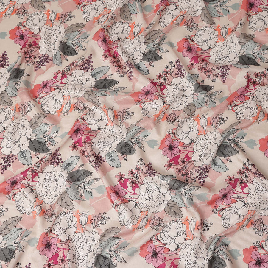 Cream Pink Floral Line Art Printed Viscose Crepe Fabric 110 Cms Width Made in India-D27573