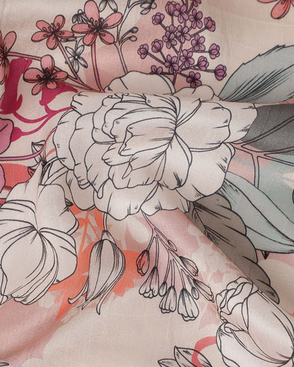 Cream Pink Floral Line Art Printed Viscose Crepe Fabric 110 Cms Width Made in India-D27573