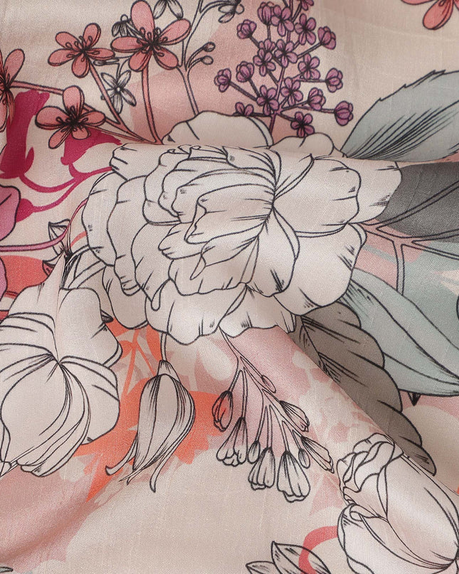 Cream Pink Floral Line Art Printed Viscose Crepe Fabric 110 Cms Width Made in India-D27573