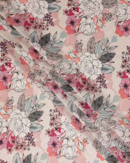 Cream Pink Floral Line Art Printed Viscose Crepe Fabric 110 Cms Width Made in India-D27573