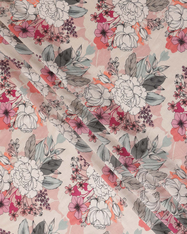 Cream Pink Floral Line Art Printed Viscose Crepe Fabric 110 Cms Width Made in India-D27573