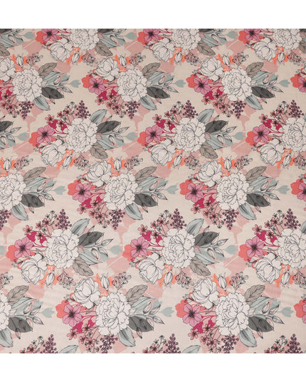 Cream Pink Floral Line Art Printed Viscose Crepe Fabric 110 Cms Width Made in India-D27573