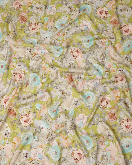 Light Green Floral Printed Viscose Fabric Raw Silk Finish Soft Dress Material 110 Cms India-D27329