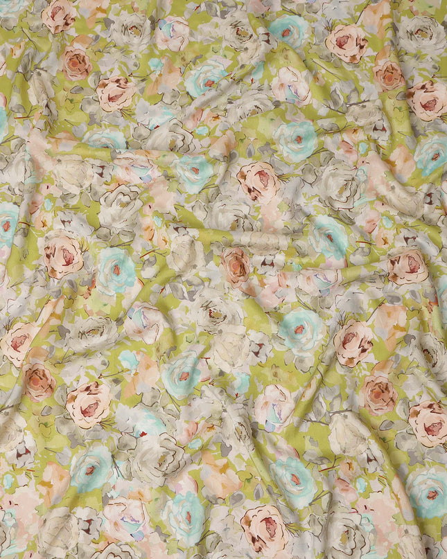 Light Green Floral Printed Viscose Fabric Raw Silk Finish Soft Dress Material 110 Cms India-D27329