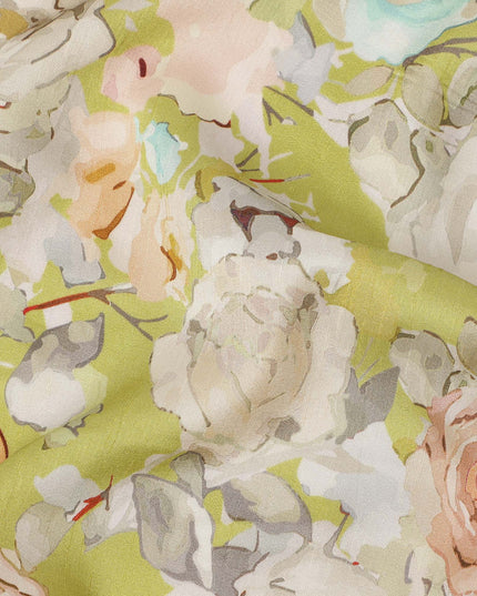 Light Green Floral Printed Viscose Fabric Raw Silk Finish Soft Dress Material 110 Cms India-D27329