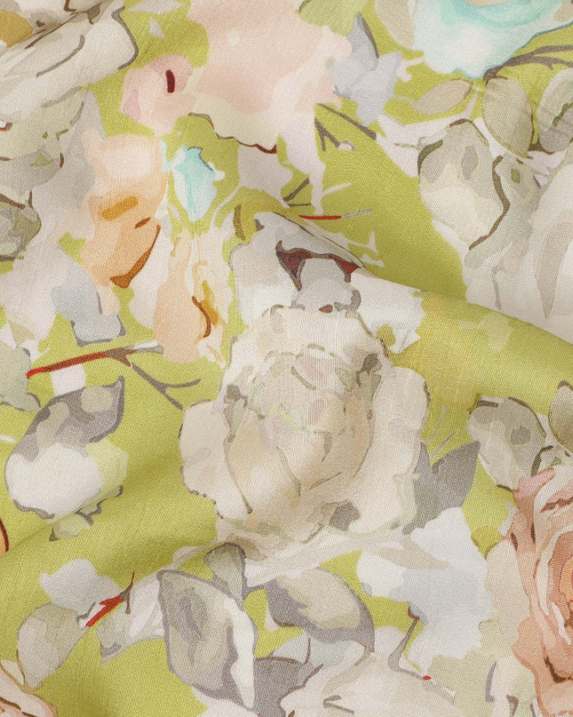 Light Green Floral Printed Viscose Fabric Raw Silk Finish Soft Dress Material 110 Cms India-D27329