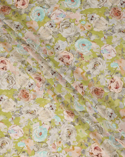 Light Green Floral Printed Viscose Fabric Raw Silk Finish Soft Dress Material 110 Cms India-D27329