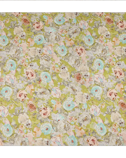 Light Green Floral Printed Viscose Fabric Raw Silk Finish Soft Dress Material 110 Cms India-D27329
