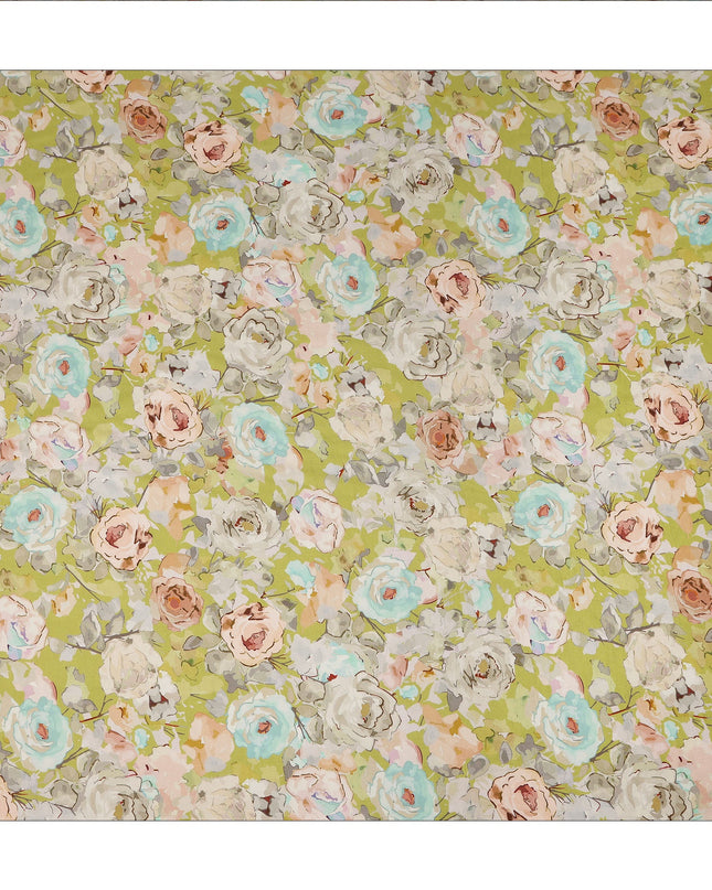 Light Green Floral Printed Viscose Fabric Raw Silk Finish Soft Dress Material 110 Cms India-D27329