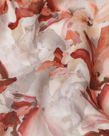 Ivory Peach Floral Printed Viscose Fabric Raw Silk Finish Soft Elegant Dress Material 110 Cms India-D27330