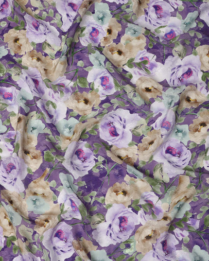 Purple Floral Artistic Printed Viscose Fabric Soft Lightweight Flowing Dress Material 110 Cms India-D27324