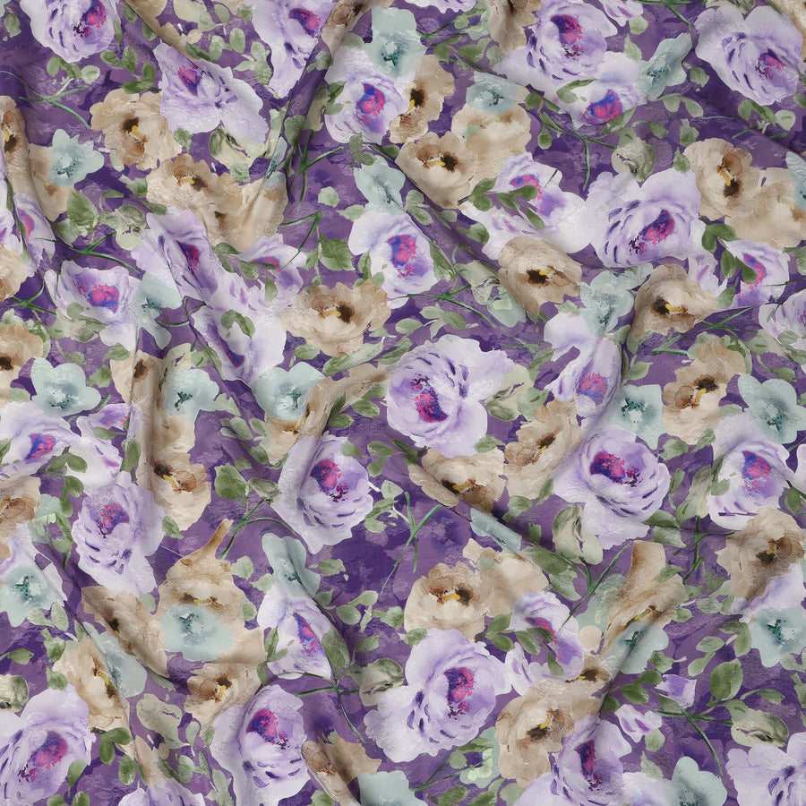 Purple Floral Artistic Printed Viscose Fabric Soft Lightweight Flowing Dress Material 110 Cms India-D27324