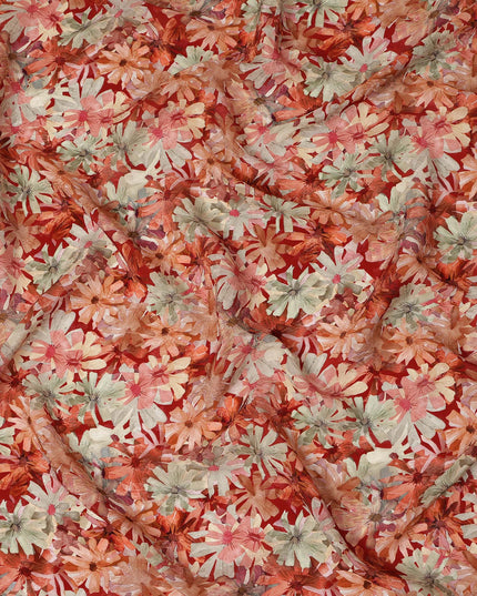 Rust Red Allover Floral Printed Viscose Fabric Soft Lightweight Flowing Dress Material 110 Cms India-D27325
