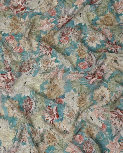 Teal Green Floral Printed Viscose Fabric 110 Cms India Origin-D27554
