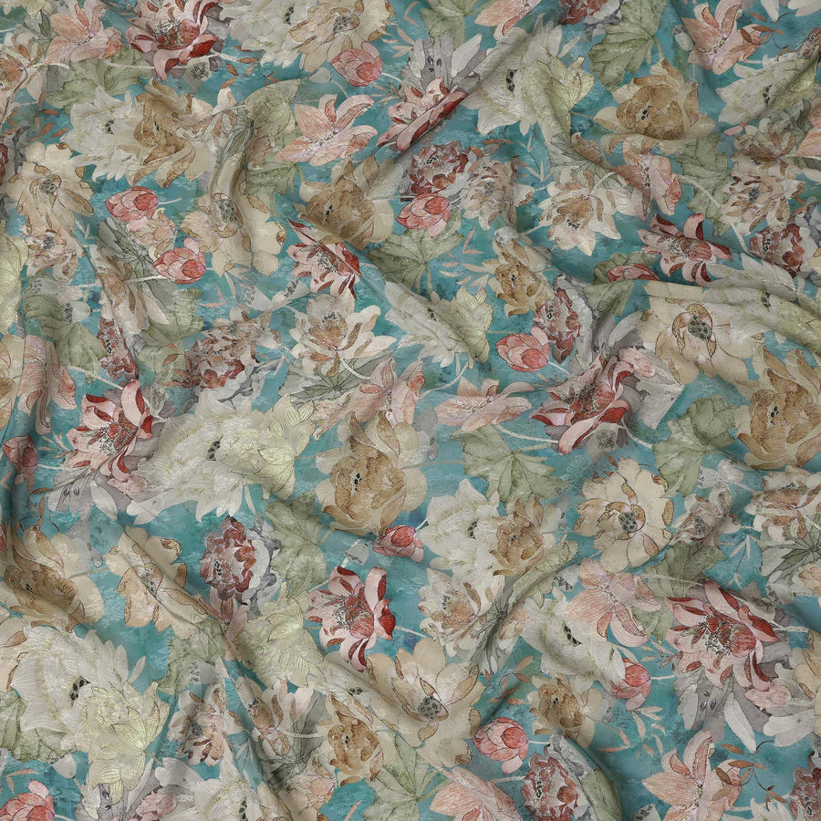 Teal Green Floral Printed Viscose Fabric 110 Cms India Origin-D27554
