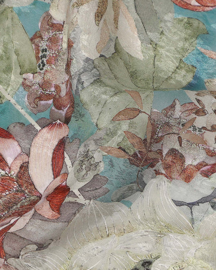 Teal Green Floral Printed Viscose Fabric 110 Cms India Origin-D27554