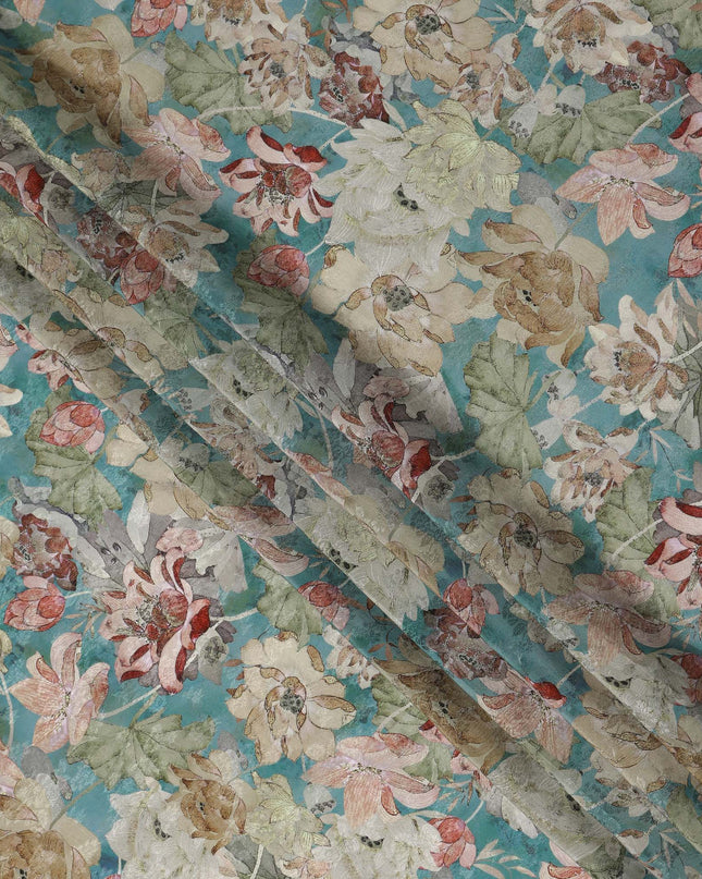 Teal Green Floral Printed Viscose Fabric 110 Cms India Origin-D27554