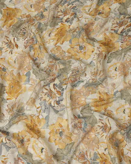 Ivory Cream Yellow Floral Printed Viscose Fabric 110 Cms India Origin-D27548