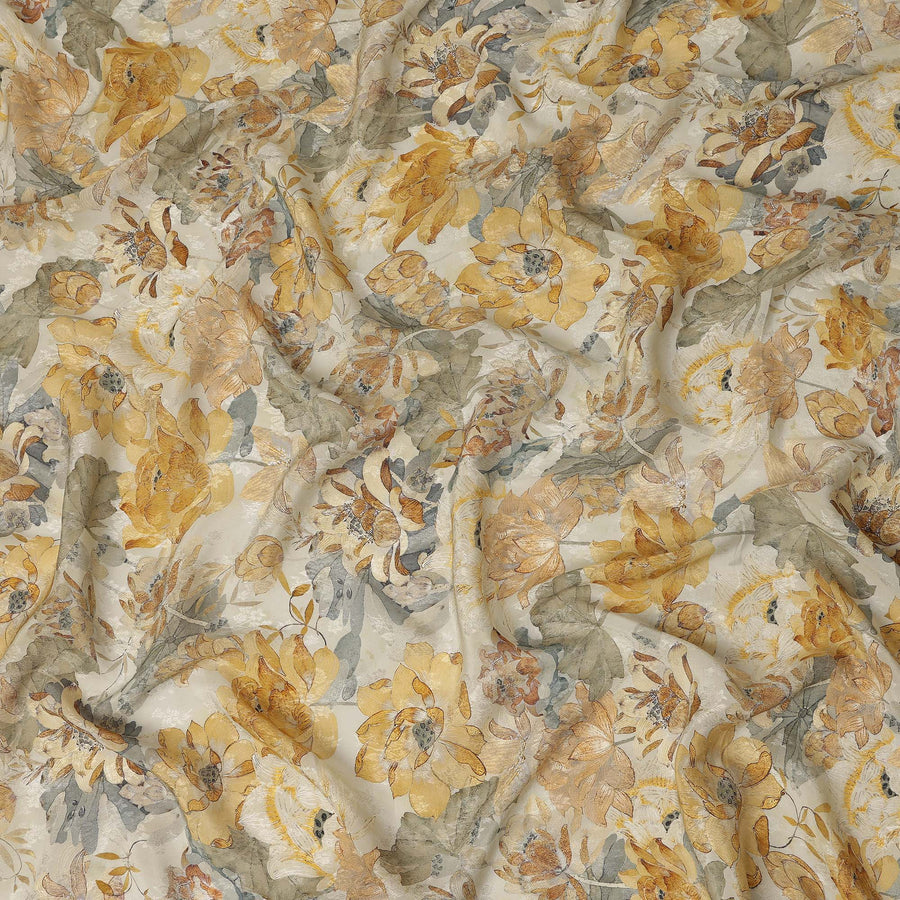 Ivory Cream Yellow Floral Printed Viscose Fabric 110 Cms India Origin-D27548