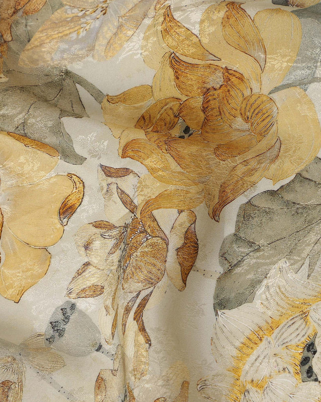 Ivory Cream Yellow Floral Printed Viscose Fabric 110 Cms India Origin-D27548