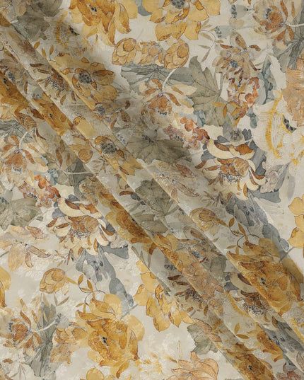 Ivory Cream Yellow Floral Printed Viscose Fabric 110 Cms India Origin-D27548