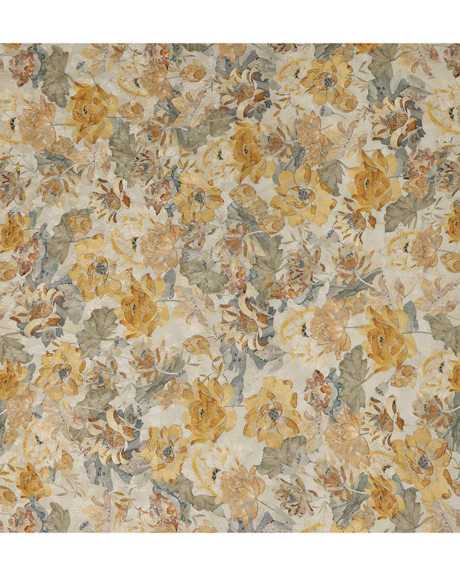 Ivory Cream Yellow Floral Printed Viscose Fabric 110 Cms India Origin-D27548