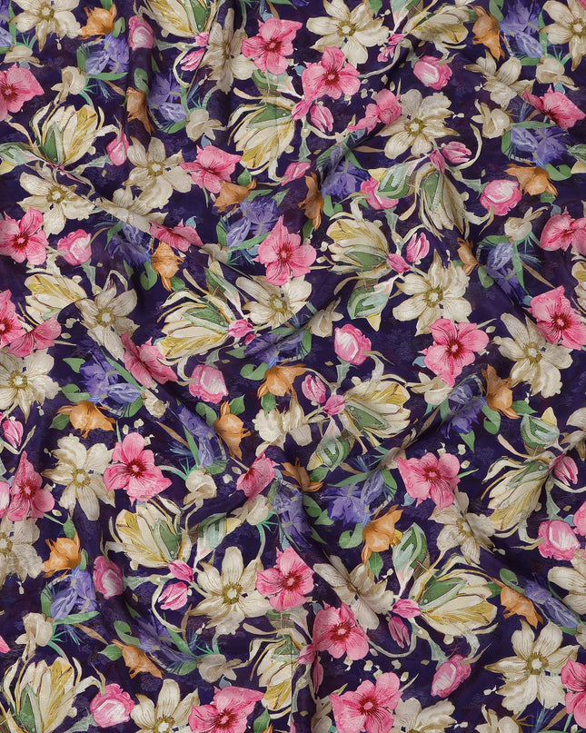 Navy Blue Multicolor Floral Allover Printed Viscose Modal Satin Fabric, 110 Cms, India-D26892