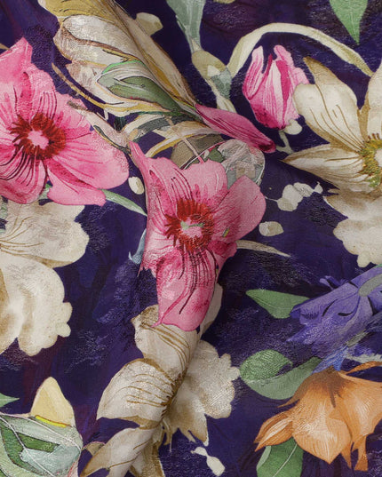 Navy Blue Multicolor Floral Allover Printed Viscose Modal Satin Fabric, 110 Cms, India-D26892