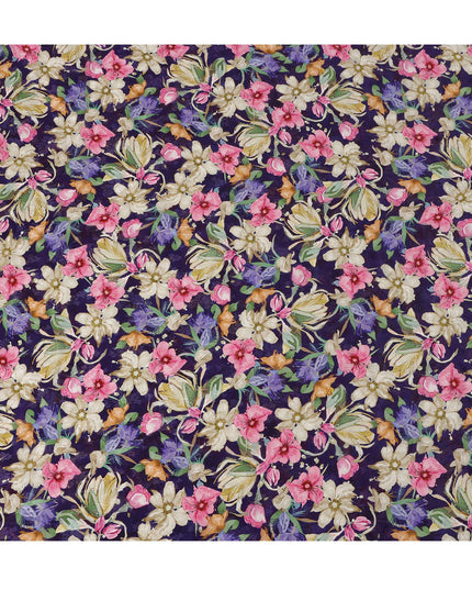 Navy Blue Multicolor Floral Allover Printed Viscose Modal Satin Fabric, 110 Cms, India-D26892