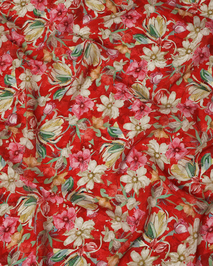 Crimson Red Pink & Ivory Floral Printed Viscose Silk Crepe Fabric 110 Cms India-D26863