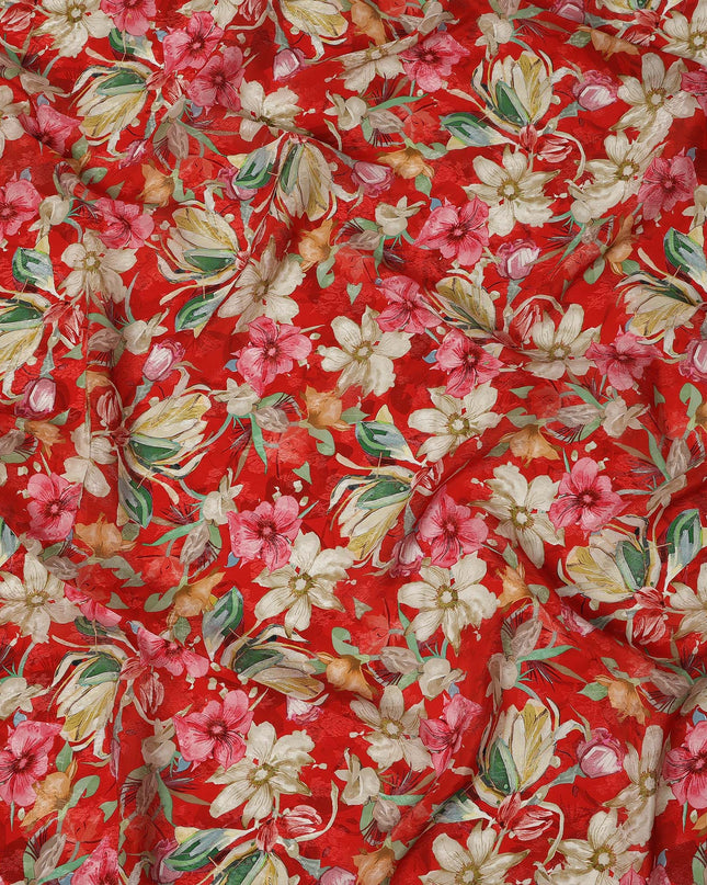Crimson Red Pink & Ivory Floral Printed Viscose Silk Crepe Fabric 110 Cms India-D26863