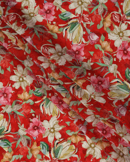 Crimson Red Pink & Ivory Floral Printed Viscose Silk Crepe Fabric 110 Cms India-D26863