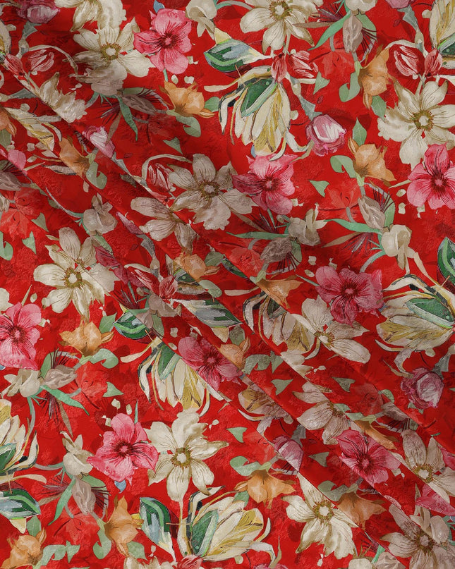 Crimson Red Pink & Ivory Floral Printed Viscose Silk Crepe Fabric 110 Cms India-D26863