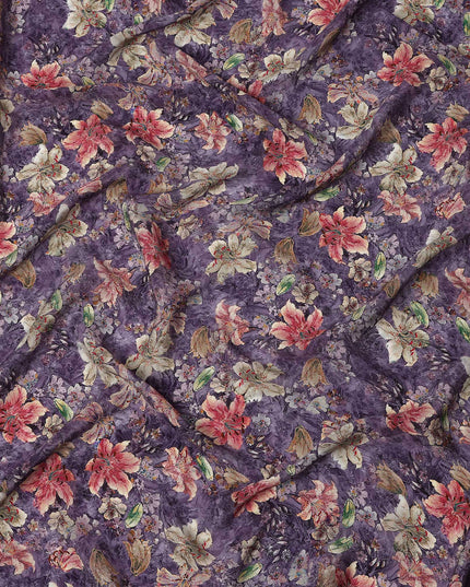 Purple Mauve Floral Allover Printed Viscose Modal Satin Fabric, 110 Cms, India-D26895