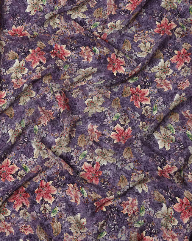 Purple Mauve Floral Allover Printed Viscose Modal Satin Fabric, 110 Cms, India-D26895