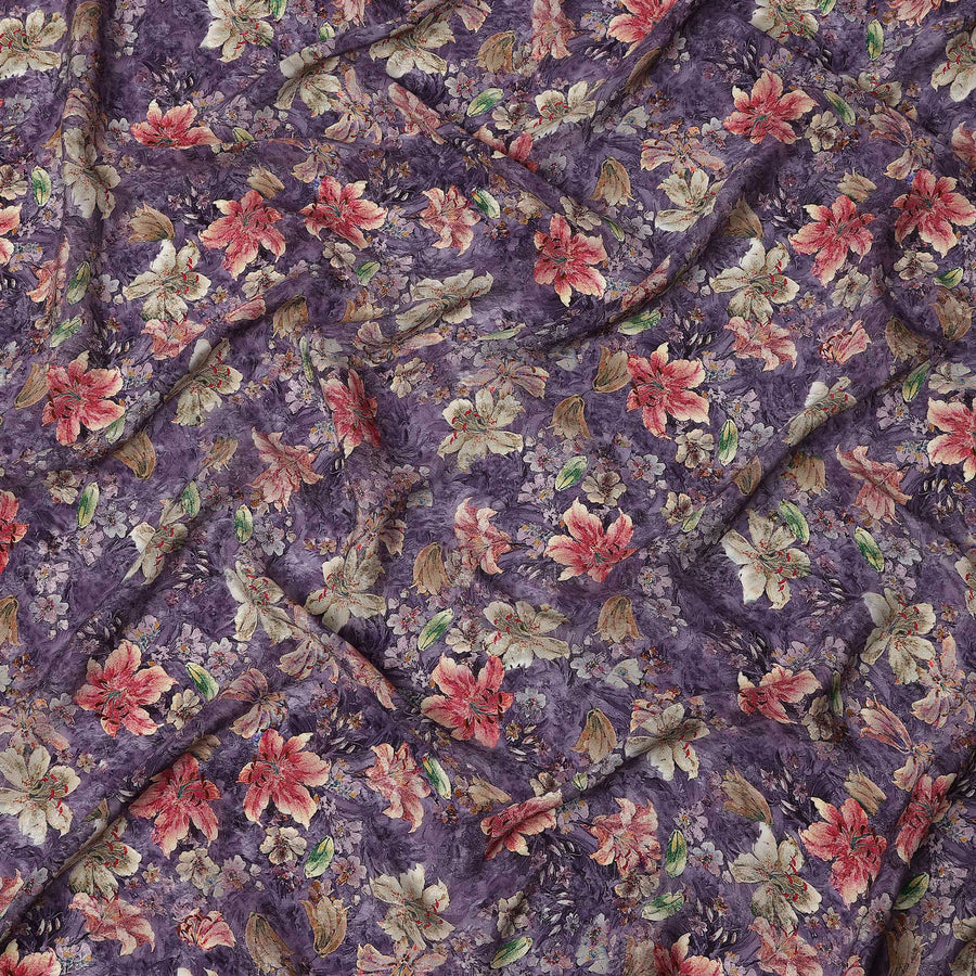 Purple Mauve Floral Allover Printed Viscose Modal Satin Fabric, 110 Cms, India-D26895