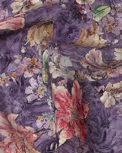 Purple Mauve Floral Allover Printed Viscose Modal Satin Fabric, 110 Cms, India-D26895