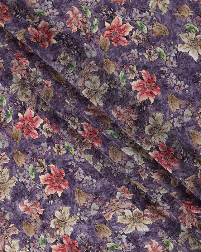 Purple Mauve Floral Allover Printed Viscose Modal Satin Fabric, 110 Cms, India-D26895