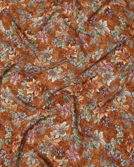 Brown Vintage Floral Allover Printed Viscose Modal Satin Fabric, 110 Cms, India-D26890