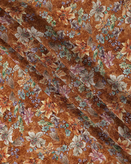 Brown Vintage Floral Allover Printed Viscose Modal Satin Fabric, 110 Cms, India-D26890