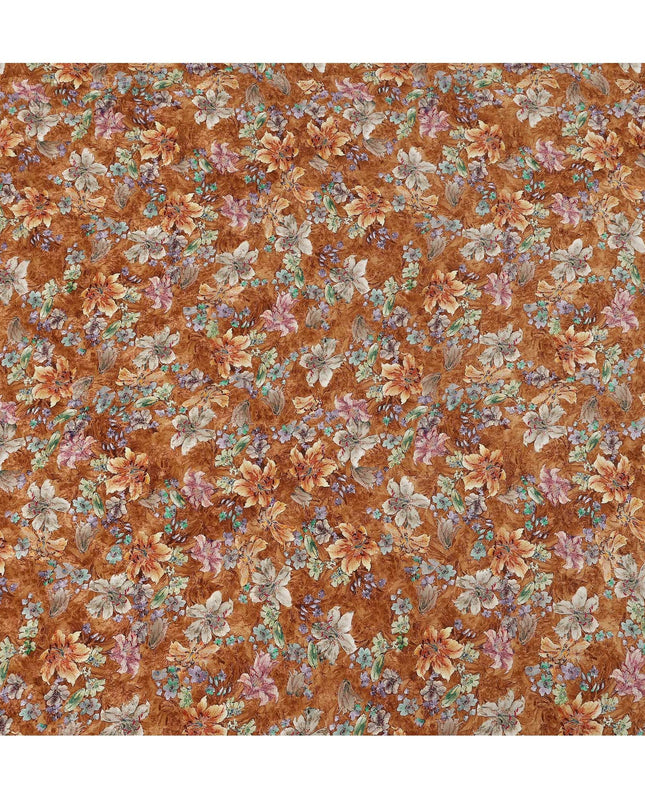 Brown Vintage Floral Allover Printed Viscose Modal Satin Fabric, 110 Cms, India-D26890