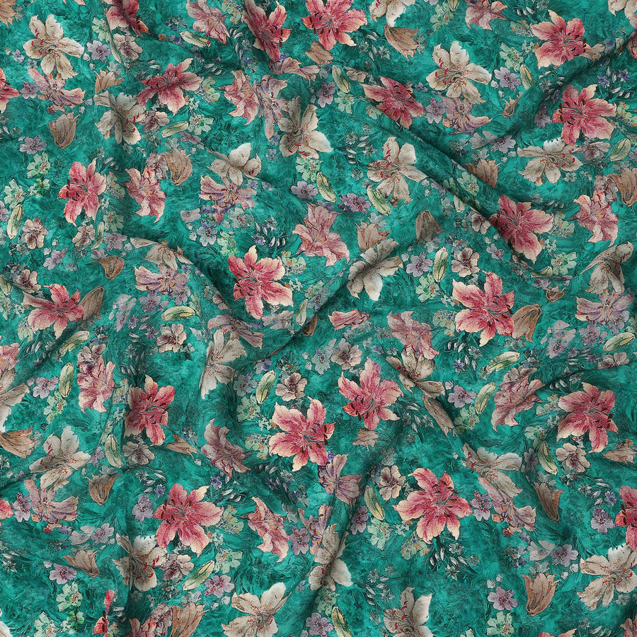Teal Green Floral Printed Viscose Fabric 110 Cms India Origin-D27552