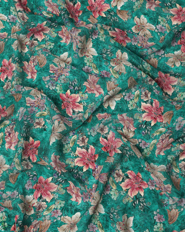 Teal Green Multicolor Floral Allover Printed Viscose Modal Satin Fabric, 110 Cms, India-D26893