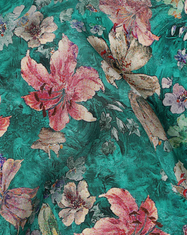 Teal Green Multicolor Floral Allover Printed Viscose Modal Satin Fabric, 110 Cms, India-D26893