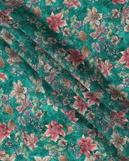 Teal Green Multicolor Floral Allover Printed Viscose Modal Satin Fabric, 110 Cms, India-D26893