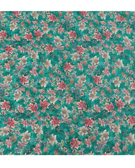 Teal Green Floral Printed Viscose Fabric 110 Cms India Origin-D27552